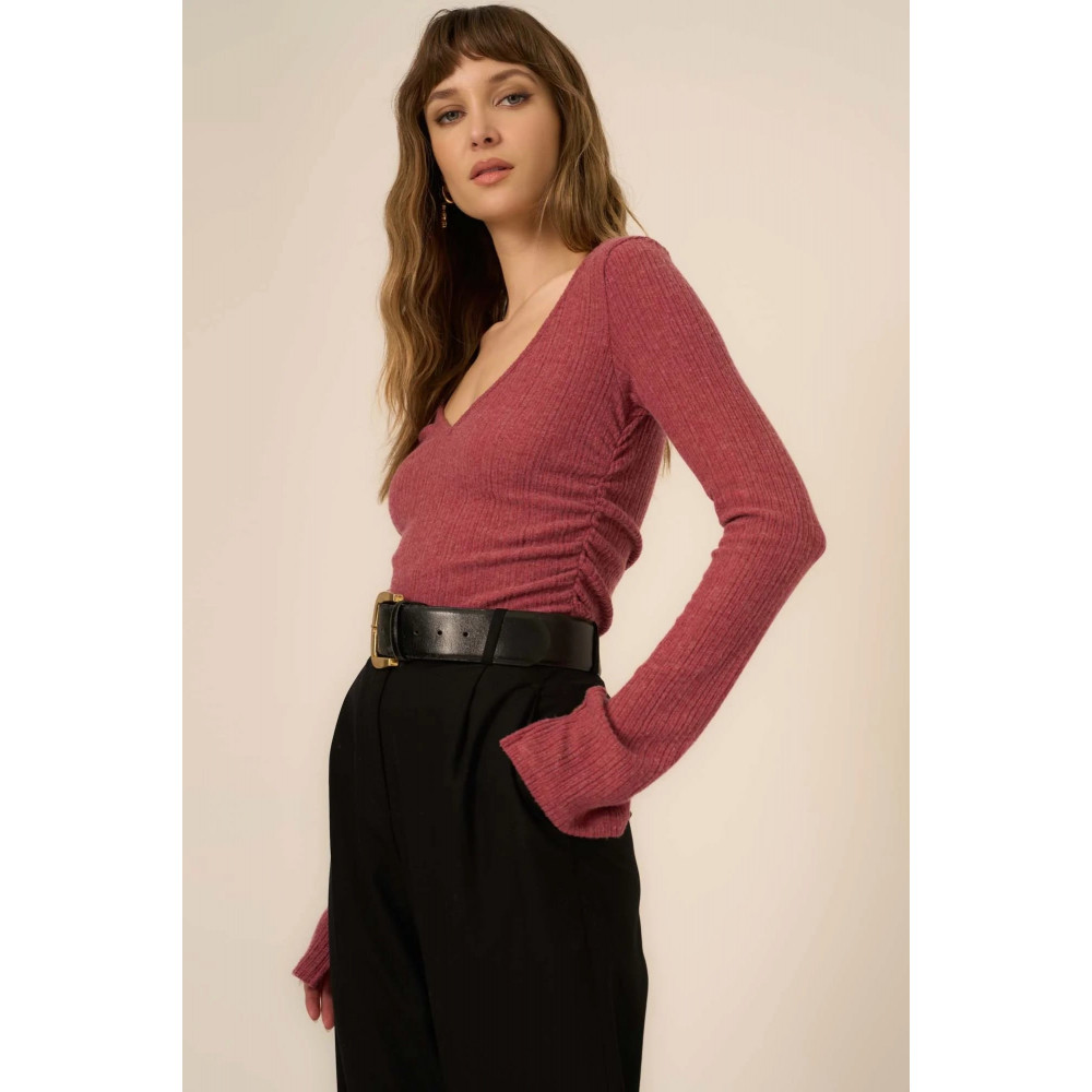 Pixel Ruched Side Brushed Rib V-Neck